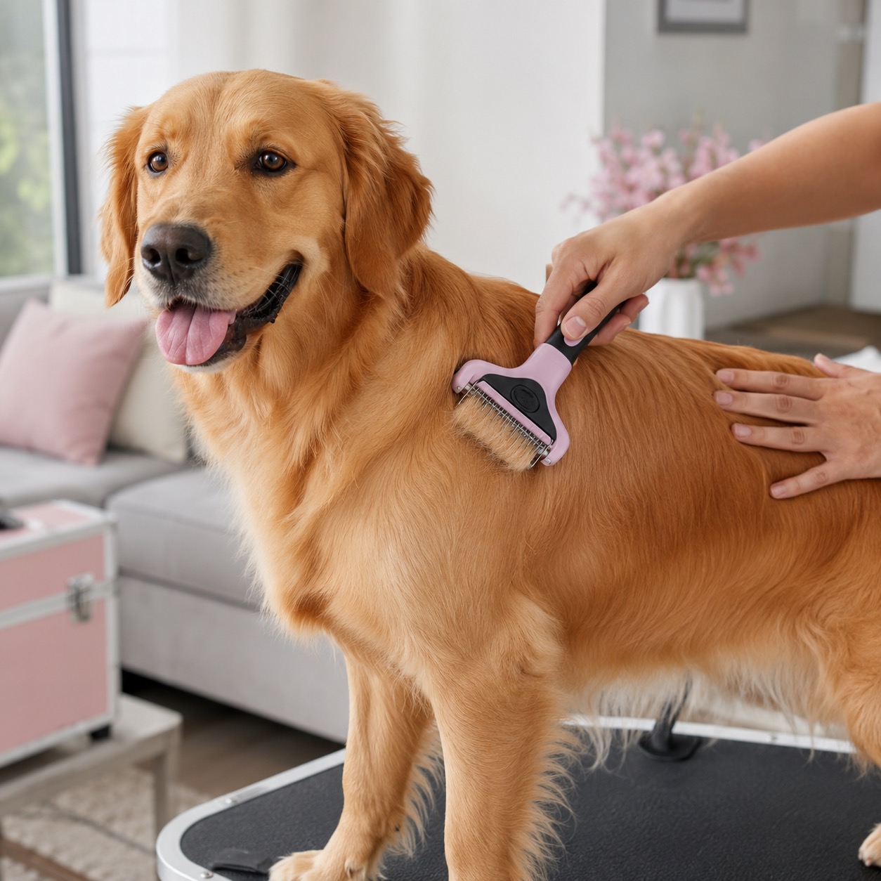 Danielle deshedding a golden retriever with a pink grooming rake on a grooming table in a Metro Detroit home